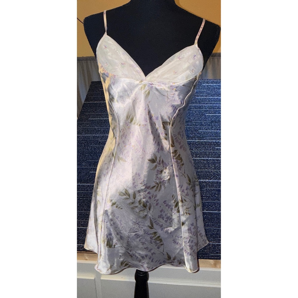 Carole Hochman Floral Satin Chemise Women S Lavender GOOD Mesh V-Neck Slip